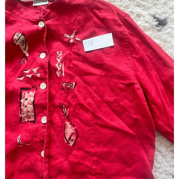 Chicos Linen Embroidered Red Button Up Shirt Size L - Picture 7 of 8